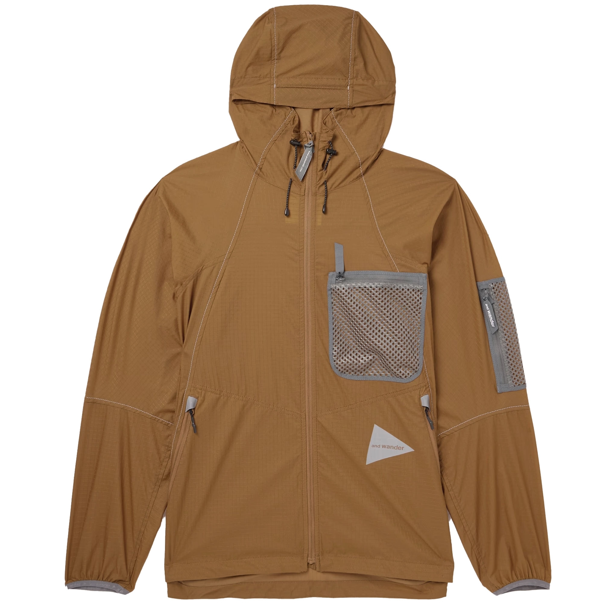 And Wander Mesh-Trimmed Ripstop Hooded Jacket Brown