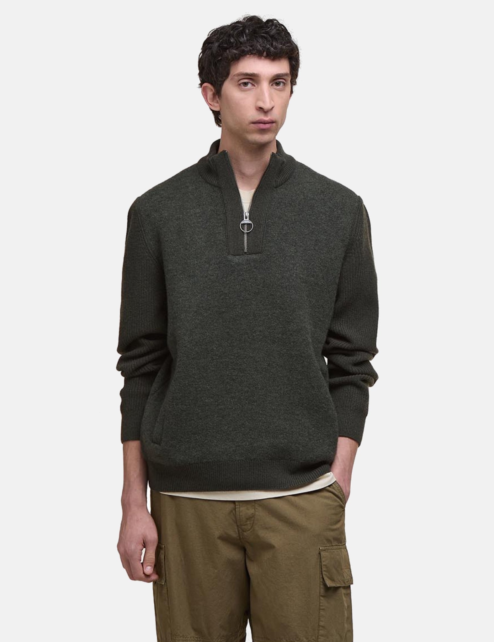 Barbour Milburn Half Zip Knitted Jumper - Dark Olive Green - Green / M